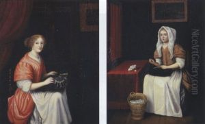 A Woman Making Lace In An Interior by Reinier De La Haye