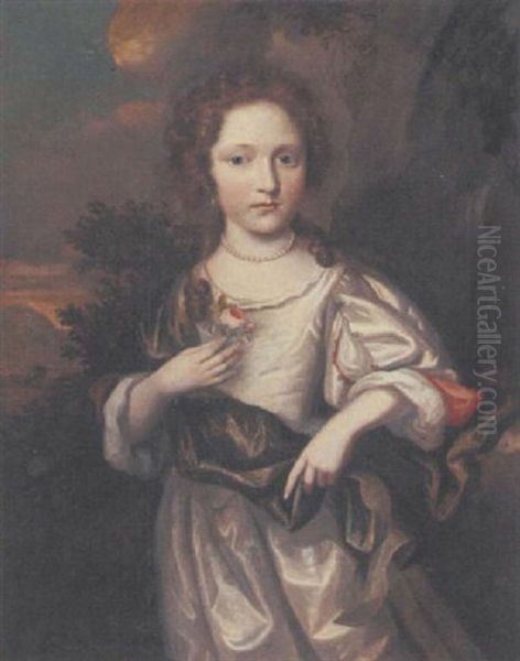 Portrait Of A Young Girl, In A White Dress With A Green Shawl, A Wooded Landscape Beyond - view 1