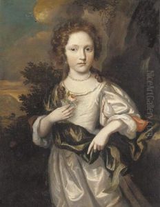 Portrait Of A Young Girl In A White Dress With A Green Shawl, A Rose In Her Right Hand by Reinier De La Haye