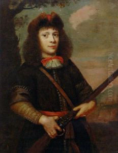 Portrait Of A Young Hunter In A Brown Coat With A Lace Collar And Fur Hat, Holding A Gun