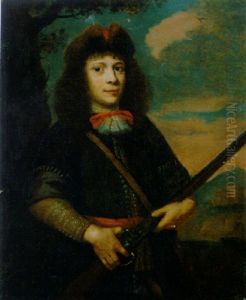 Portrait Of A Young Hunter In A Brown Coat With A Lace Collar And A Fur Hat, Holding A Gun