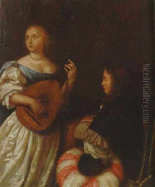 A Woman Playing A Lute With A Man Holding A Musical Manuscript In An Interior - view 1