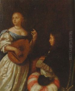 A Woman Playing A Lute With A Man Holding A Musical Manuscript In An Interior by Reinier De La Haye