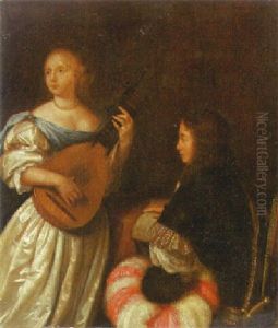 A Woman Playing A Lute And A Man With A Musical Score, In An Interior by Reinier De La Haye
