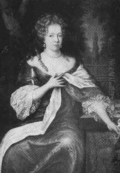 Portrait Of A Lady Wearing A Blue Dress Trimmed With Lace And A Red Stole, Seated In A Ornamental Garden - view 1