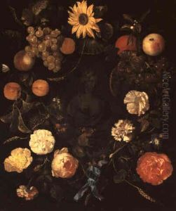 Still Life Of A Festoon Of Fruit And Flowers Adorning A     Stone Niche With A Female Bust by Reinier De La Haye