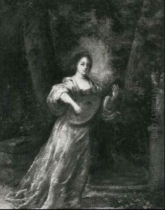 A Portrait Of A Lady Standing, Full Length, Playing A Lute In A Garden Beside A Statue Of Cupid A Portrait Of A Lady Standing, Full Length, Playing A Lute In A Garden Beside A Statue Of Cupid