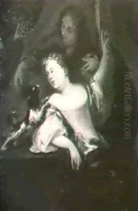 An Interior With A Couple Teasing A Spaniel