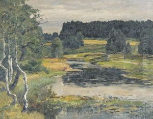 Wiesenlandschaft Mit Weiden An Einem Bachlauf by Hans von Hayek