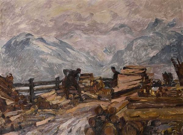 Holzarbeiter Vor Gebirgskulisse - view 1