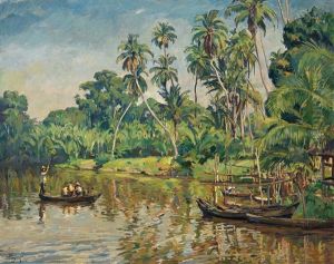 Flusslandschaft Auf Sumatra Mit Anlegesteg, Booten Und Personenstaffage by Hans von Hayek