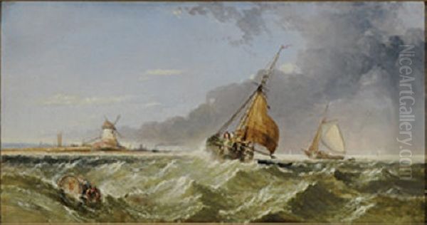 Shipping Off A Stormy Coast With Windmill - view 1