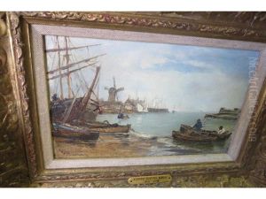 Littlehampton - Coastal Scene With Windmill And Beached Boats by Edwin Hayes