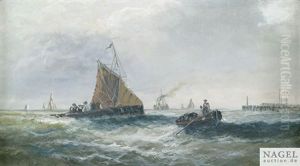 Fischerboote Und Dampfer An Einer Kuste