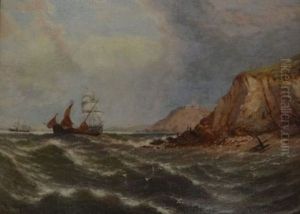 Sailing Ships In A Squally Sea By The Coast With Figures Watching Sailing Ships In A Squally Sea By The Coast With Figures Watching