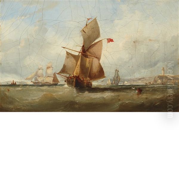 Ships In Choppy Water Near Chalk Cliffs - view 1