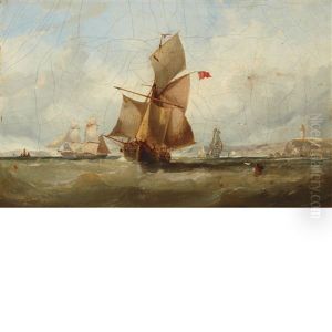 Ships In Choppy Water Near Chalk Cliffs by Edwin Hayes