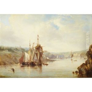 Castle ... Co. Cork (with Fishing Boats At Rest In A Narrow Harbour) by Edwin Hayes