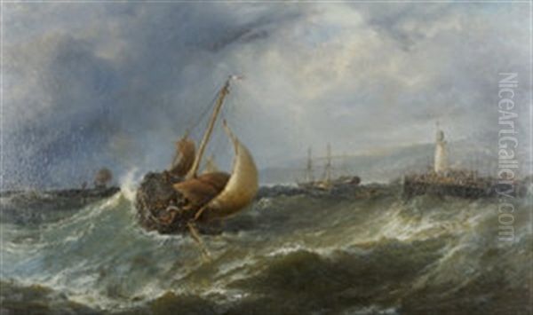 Freshening Gale, Scarboro - Fishing Boats Returning To Harbour - view 1