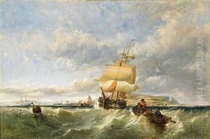 A Coastal Scene With Shipping And Figures In A Dinghy Hauling In Nets