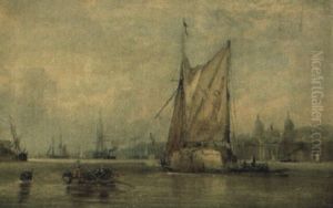 Hay Barges On The Thames Before The Royal Naval College Greenwich by Edwin Hayes