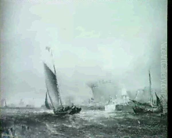 A Sailing Barge Passing A Ship Yard - view 1