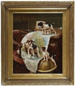 World Domination, Four Puppies In A Library Over A Creased Map Of The World by John Hayes