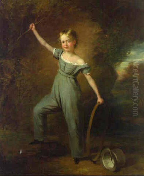 Portrait Of A Young Boy Holding A Hoop Beside A Grey Top Hat, In A Landscape - view 1