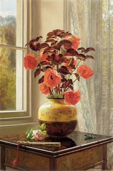 Oriental Poppy And Coleus In A Cloisonne Vase, With A Fan On A Faux Bamboo Table - view 1