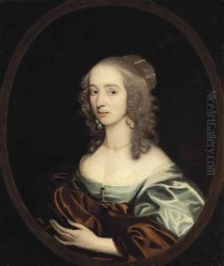 Portrait Of A Lady, Bust-length, In A Blue Dress With A Rust Wrap, Wearing A Pearl Necklace And Earrings, In A Painted Oval
