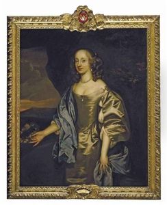Portrait Of Lady Mary O'kenealy In An Oyster Satin Dress With A Blue Mantle, Holding A Garland Of Flowers, In A Landscape