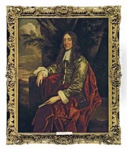 Portrait Of A Gentleman (john Evelyn?) Diarist And Writer In A Brown Satin Coat And A Red Cloak Holding A Letter, Seated In A Landscape