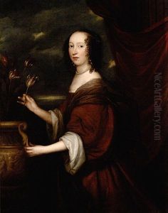 Portrait Of Lady Ingleby Standing Beside An Urn Of Tulips, Wearing A Brown Dress And A Pearl Necklace