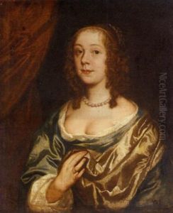 Portrait Of A Lady In A Blue Dress, With An Oyster Colored Wrap, And Pearl Necklace
