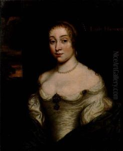 Portrait Of A Lady Hewett In A White Satin Dress With A Blue Wrap And A Pearl Necklace, A View To A Landscape Beyond