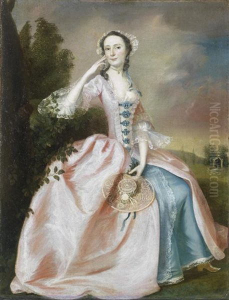 Portrait Of A Lady, Full-length, Seated, In A Pink And Blue Dress In A Landscape - view 1