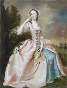 Portrait Of A Lady, Full-length, Seated, In A Pink And Blue Dress In A Landscape
