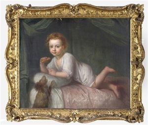 Portrait Of Charles Bedford (1742/3-1814) As A Child, Reclining On A Bed, Eating A Biscuit, His Dog Jumping Up by Francis Hayman