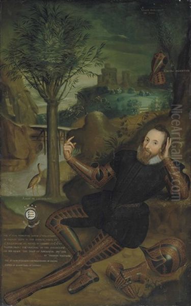 Portrait Of Peregrine Bertie, 13th Lord Willoughby De Eresby (1555-1601), Full-length, In A Black Doublet And Pantaloons, Wearing Damascened Armour, In A Wooded River Landscape By A Waterfall, With A Bridge And A Castle Beyond - view 1