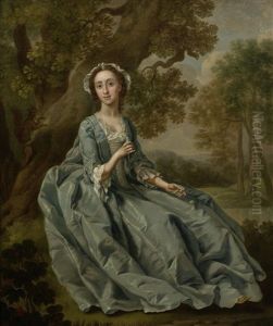 Portrait Of Elizabeth Barber, Full-length, Seated, In A Blue Dress And White Cap, Holding A Spinning Bobbin by Francis Hayman