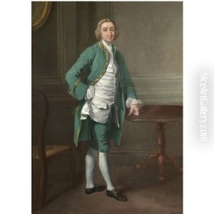 Portrait Of A Gentleman (mr Goodyear St. John?), Full Length, Standing By A Table, Wearing A Green Suit With A White Silk Waistcoat