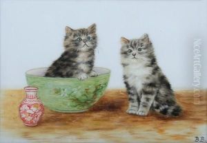 Two Kittens And An Oriental Bowl Andvase by Bessie, Betsie Bamber