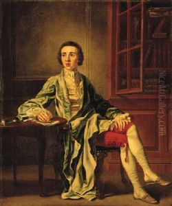 Portrait Of Joseph Henry Of Straffan, Co. Kildare, Seated At A Table Writing A Letter, In A Blue Coat, Yellow Waistcoat And Red Breeches, Beside A Bookcase