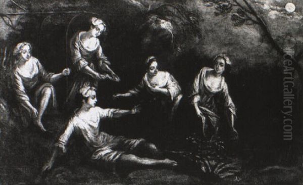 Young Girls Bathing By Moonlight - view 1