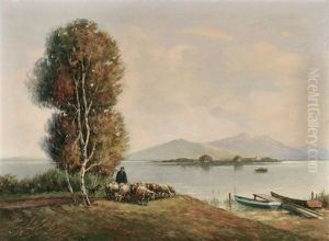Chiemsee-landschaft Mit Schafer Und Seiner Herde. Blick Auf Frauenchiemsee Und Ferne Berge by Ernst Haymann