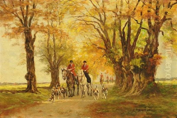 Reiter Mit Hundemeute Auf Herbstlicher Allee - view 1