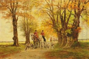 Reiter Mit Hundemeute Auf Herbstlicher Allee by Ernst Haymann