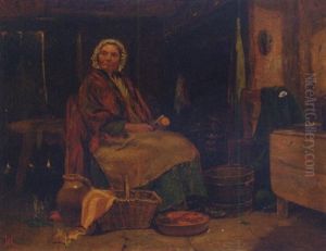 An Old Lady Slicing Vegetables In A Kitchen Interior