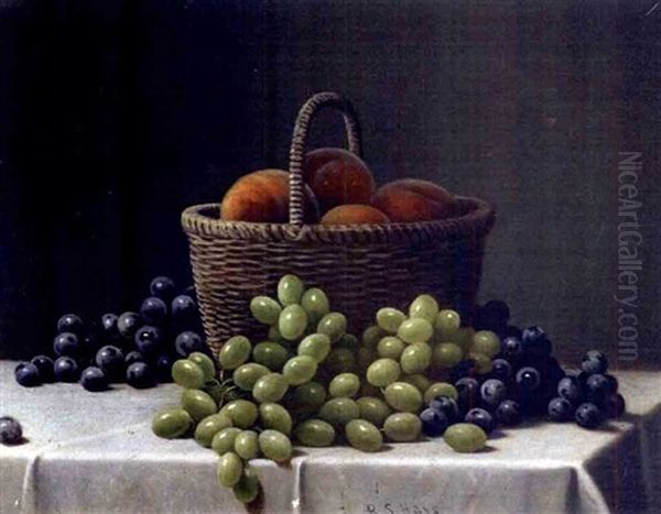 Basket Of Peaches And Grapes On A Table - view 1