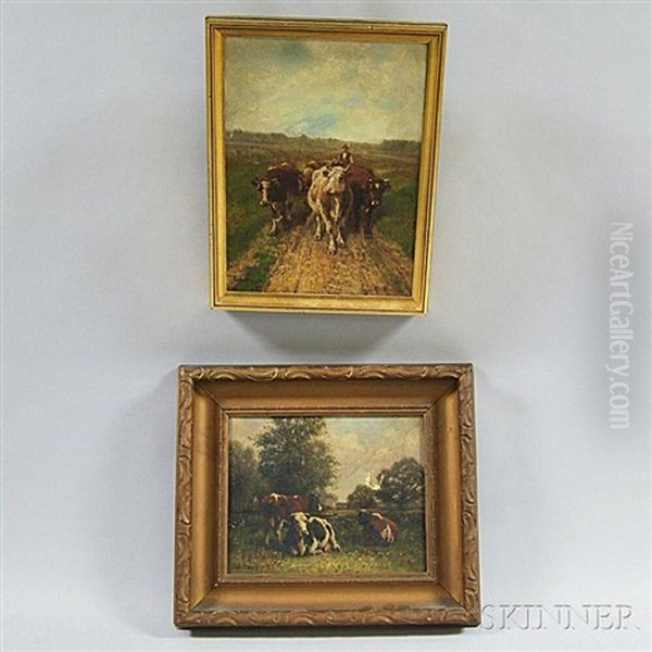 Farmer With Cows On A Path; Cows At Pasture - view 1
